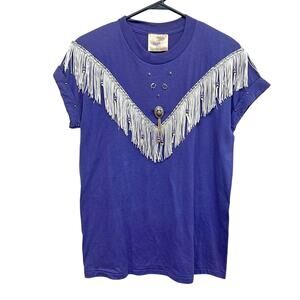 Vintage 80s Cowgirl Glam‎ Fringe Tee Purple Studded Western Rodeo Top M Boho